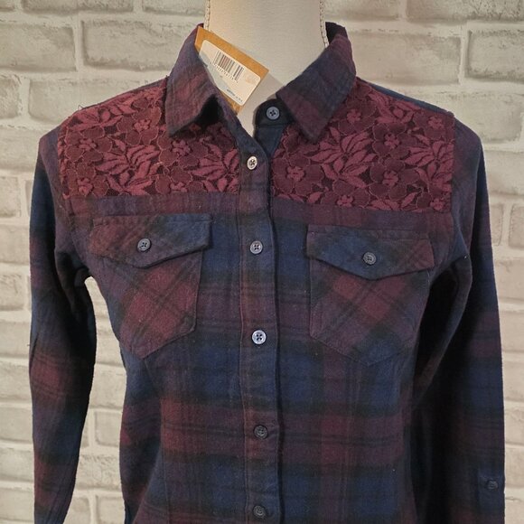 Silver Jeans Flannel Lace Button Up Shirt Burgundy Red Cozy Relaxed NEW Girls 12 - Picture 2 of 8